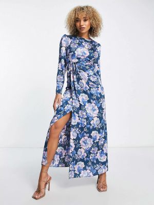 Атласное длинное платье в цветочек с принтом Liquorish синее