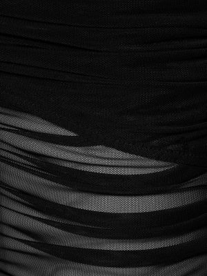 Dolga obleka z mrežo z draperijo Mugler črna