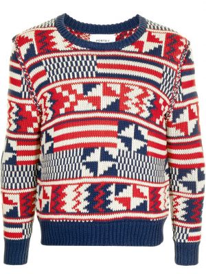 Плетен пуловер с принт Ports V бяло