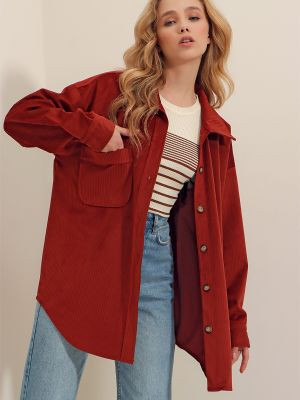 Oversized bavlněná sametová košile Trend Alaçatı Stili červená
