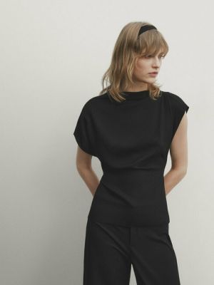 Короткая блузка с коротким рукавом Massimo Dutti черная