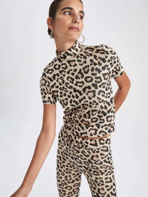 Leopardí slim fit tričko s krátkými rukávy Defacto hnědé