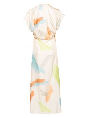 Hedvábné dlouhé šaty s potiskem s abstraktním vzorem Alysi béžové