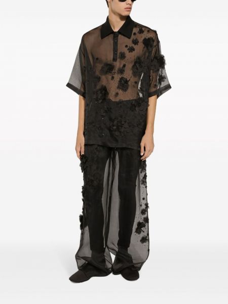 Caurspīdīgs polo krekls ar ziediem Dolce & Gabbana melns