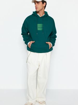Raštuotas džemperis su gobtuvu oversize Trendyol žalia