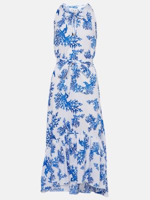 Lanena midi obleka s cvetličnim vzorcem Heidi Klein modra