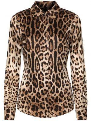 Копринена риза с принт с леопардов принт Dolce & Gabbana кафяво