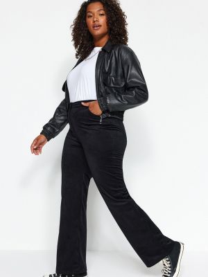 Pletené manšestrové kalhoty s vysokým pasem Trendyol černé