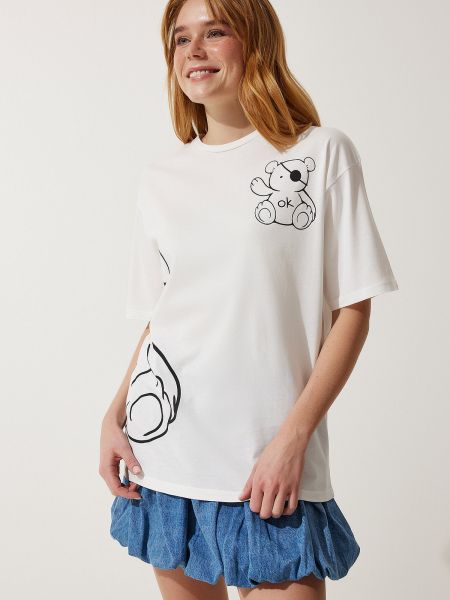 Dzianinowa koszulka z nadrukiem oversize Happiness İstanbul biała