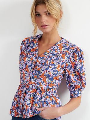 Плетена риза на цветя с къс ръкав Trendyol виолетово