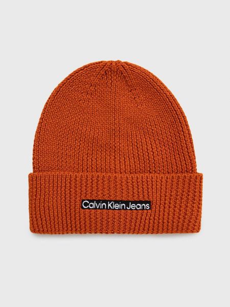 Dzianinowa czapka wełniana Calvin Klein Jeans pomarańczowa