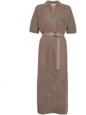 Pamučna midi haljina Brunello Cucinelli smeđa