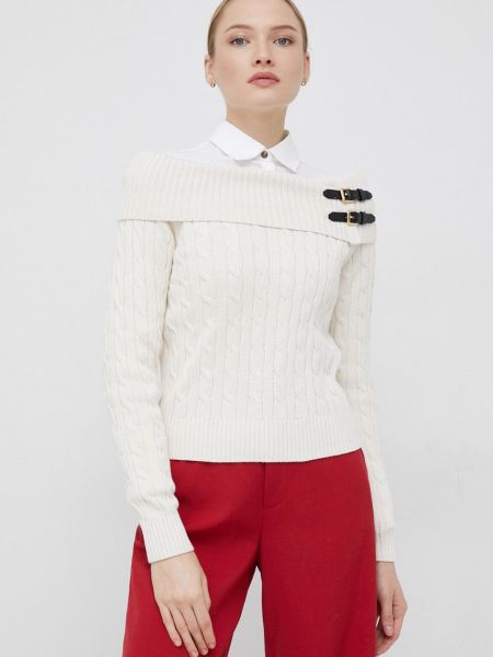 Bavlněný svetr Lauren Ralph Lauren dámský, béžová barva, s golfem