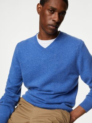 Шерстяной свитер с v-образным вырезом Marks & Spencer синий