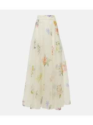 Květinové hedvábné lněné dlouhá sukně Zimmermann bílé
