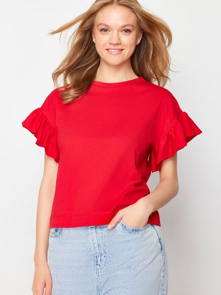 Плетена памучна базова тениска Trendyol червено