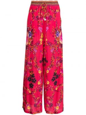 Květinové hedvábné rovné kalhoty Camilla - červená