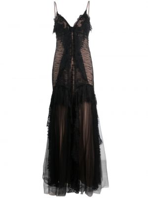 Čipkované dlouhé šaty s volánmi Alberta Ferretti čierna