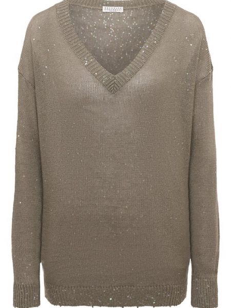 Шелковый льняной пуловер Brunello Cucinelli хаки
