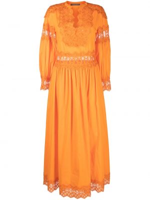 Bavlněné dlouhé šaty s výšivkou s výstřihem do v Alberta Ferretti - oranžová