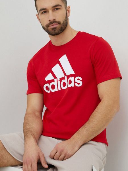 Памучна тениска с дълъг ръкав с принт Adidas червено