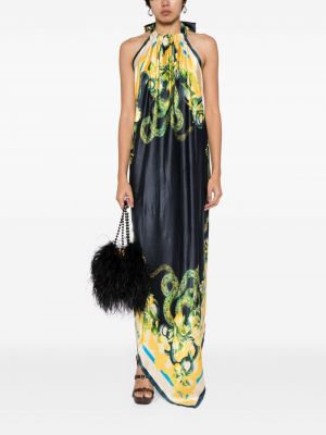 Hedvábné večerní šaty s potiskem s abstraktním vzorem Roberto Cavalli modré