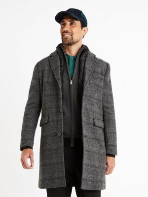 Kostkovaný vlněný kabát Celio šedý