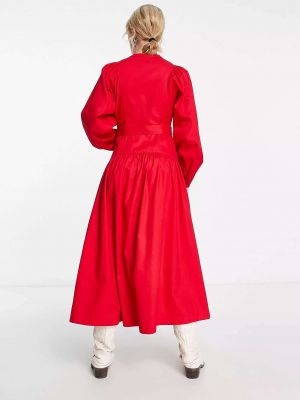 Платье миди из хлопка с поясом и объемными рукавами Whistles ярко-красного цвета
