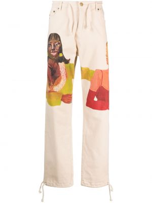 Памучни прав панталон с принт Kidsuper бяло