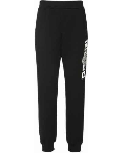 Spodnie sportowe bawełniane z nadrukiem z dżerseju Versace czarne
