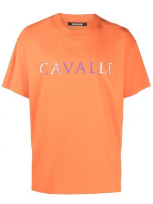 Памучна тениска с принт Roberto Cavalli оранжево