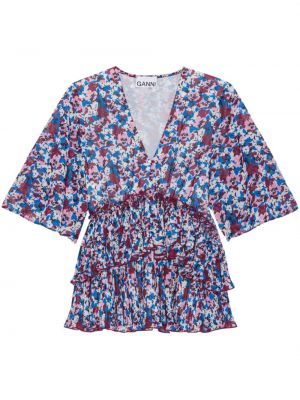 Bluza s cvetličnim vzorcem s potiskom z v-izrezom Ganni modra