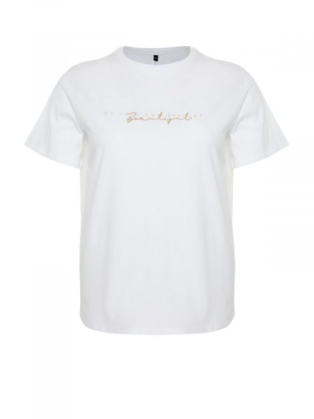 Dzianinowa haftowana koszulka z nadrukiem Trendyol biała