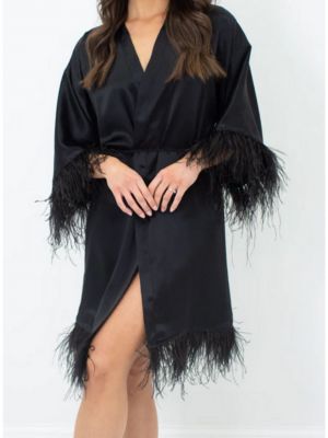 Шелковый халат с перьями Le Laurier Bridal черный