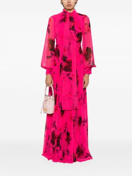 Květinové šifonové večerní šaty s potiskem Erdem růžové