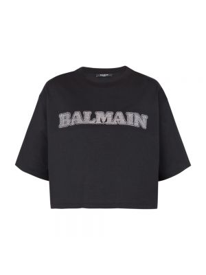Koszulka bawełniana z cyrkoniami Balmain czarna