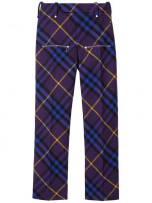Kostkované vlněné rovné kalhoty s potiskem Burberry fialové