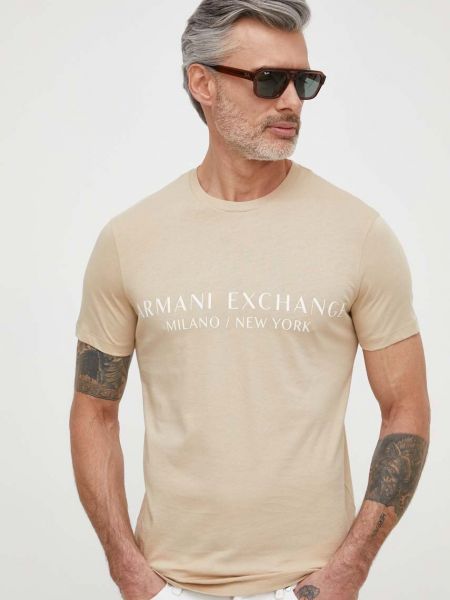Koszulka z nadrukiem Armani Exchange beżowa