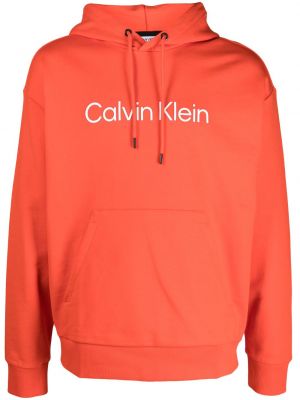 Bavlněná mikina s kapucí s potiskem Calvin Klein oranžová