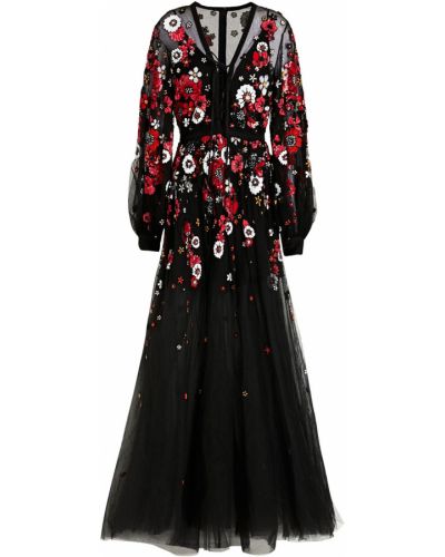 Кружевное ажурное платье макси из фатина Elie Saab, черное