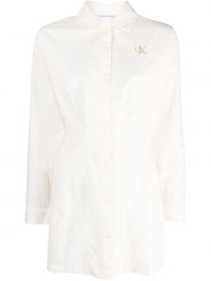 Bombažna denim obleka z vezenjem Calvin Klein Jeans bela