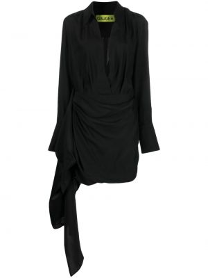 Hedvábné koktejlové šaty s výstřihem do v s dlouhými rukávy Gauge81 - černá