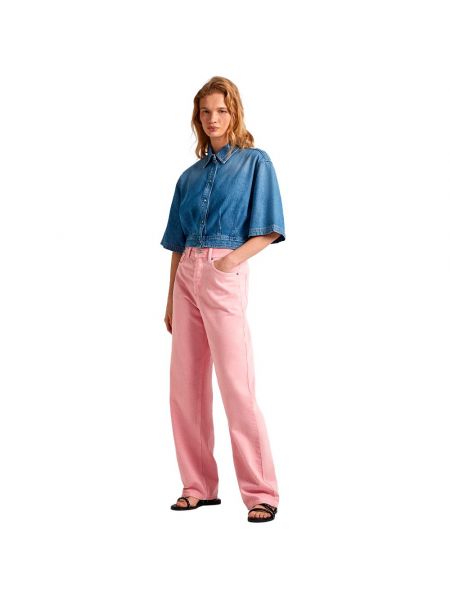 Плиссированная джинсовая рубашка с коротким рукавом Pepe Jeans розовая