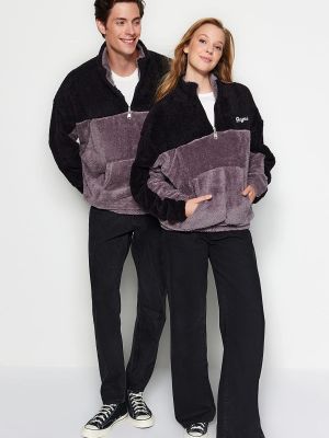 Oversize džemperis ar rāvējslēdzēju ar izšuvumiem Trendyol melns