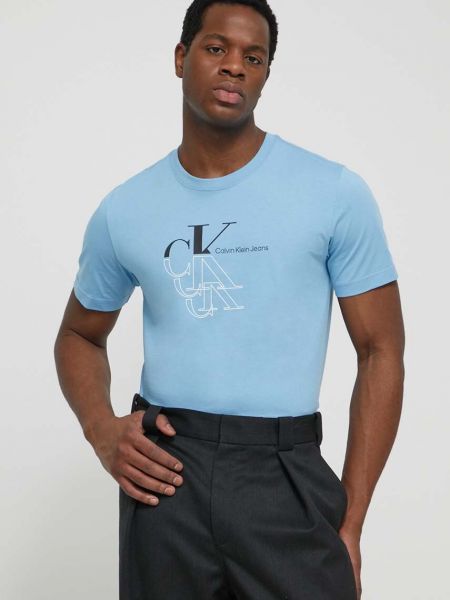Koszulka bawełniana z nadrukiem Calvin Klein Jeans niebieska