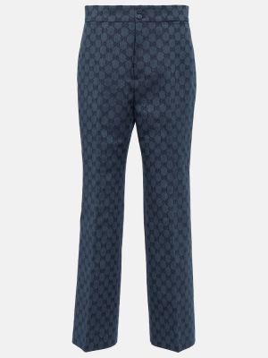 Žakárové bavlnené ľanové rovné nohavice Gucci modrá