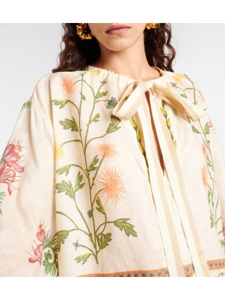 Lanena midi obleka s cvetličnim vzorcem s cirkonom Agua By Agua Bendita bela
