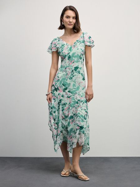 Шифоновое длинное платье в цветочек с принтом Zarina зеленое
