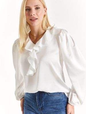 Satynowa bluzka bawełniana z falbankami Armonika biała
