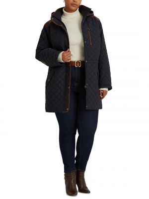 Кожаное стеганое пальто с капюшоном из искусственной кожи Lauren Ralph Lauren синее